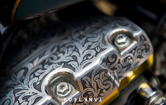 Marvel at the exquisite Indonesian detailing. The Rebellion | Studio Motor Harley-Davidson Softail. Now live in the Fuel Tank. Link in our profile. As featured in #tankmoto. #harleydavidson #softail #indonesia #custombikes #custombike #engraving #engraved